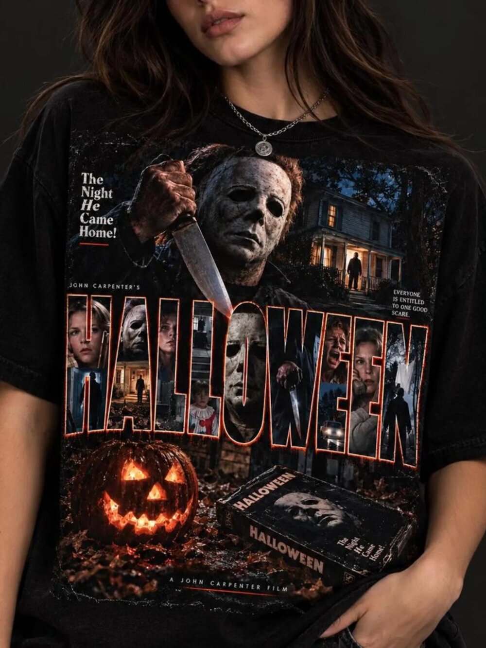 Halloween Horror Collage Shirt Michael Myers, Slasher Scenes, Vhs Style (Black T